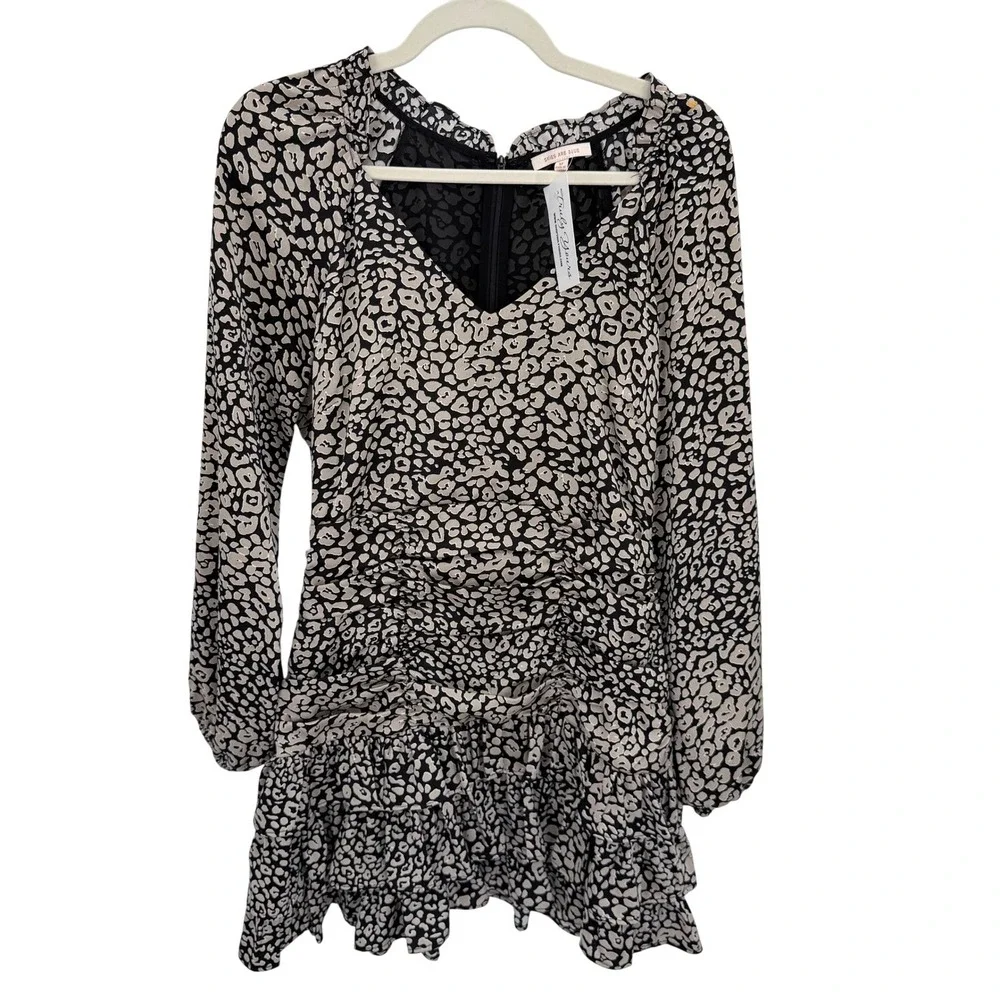 Skies Are Blue Leopard Print Ruched Tiered Ruffle Mini Dress Tan‎ Black 98546